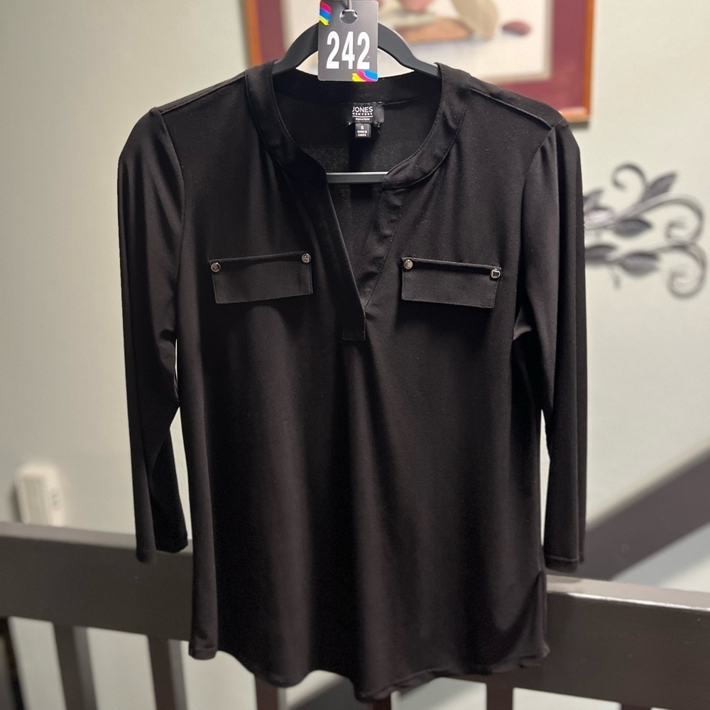 Jones New York Black Button Down Shirt V-neck 3/4 Sle3ves #242DAGO